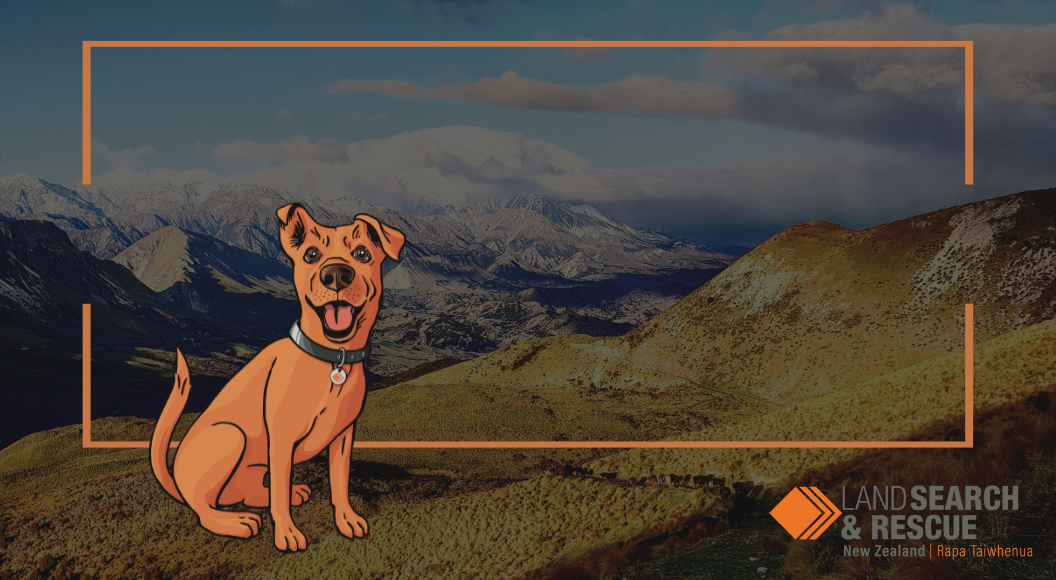 Mountain landscape with Land Search and Rescue's mascot cartoon 'Seek' superimposed. 