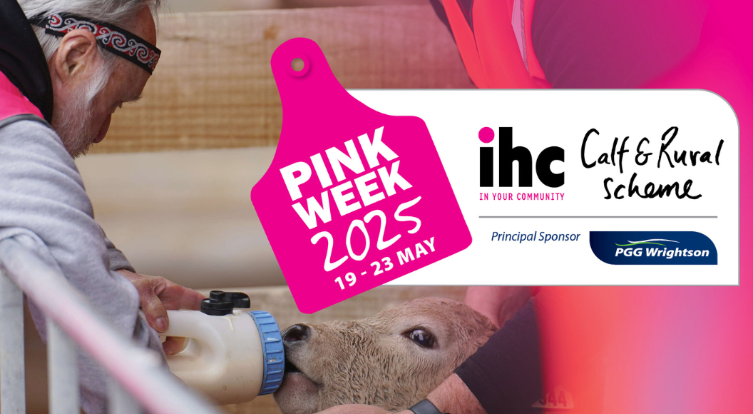 IHC Calf & Rural Scheme Pink Week 2025 dates superimposed over image of man feeding calf..